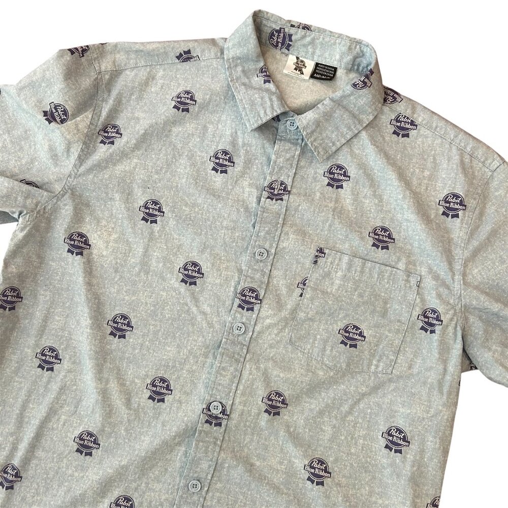 Pabst Blue Ribbon Short Sleeve Button Up All Over PBR Beer Logo Size Mediu